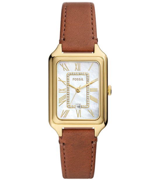 Fossil women's rectangular watch with a gold-tone case, white dial with Roman numerals, and a brown leather strap, shown on a plain white background.