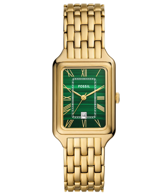 Fossil women's watch featuring a gold-tone metal link bracelet, a rectangular gold-tone case, and a green dial with gold Roman numerals and hands.