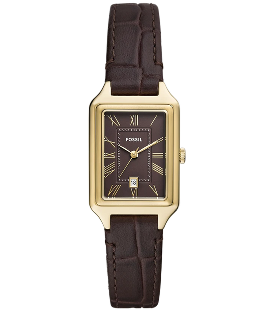 A women's rectangular analog watch by Fossil, featuring a gold-tone case, a dark brown dial with gold Roman numerals, and a dark brown textured leather strap, shown against a plain white background.