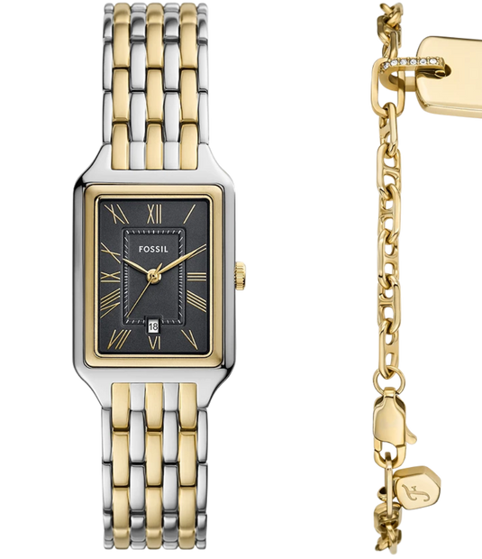 Fossil women's rectangular watch with a two-tone silver and gold metal bracelet, a black dial with gold-tone Roman numerals, shown alongside its gold-tone chain extension on a white background.