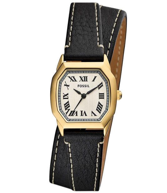 Fossil women's watch with an octagonal gold-tone case, white dial with black Roman numerals, and a textured black leather strap with white contrast stitching.