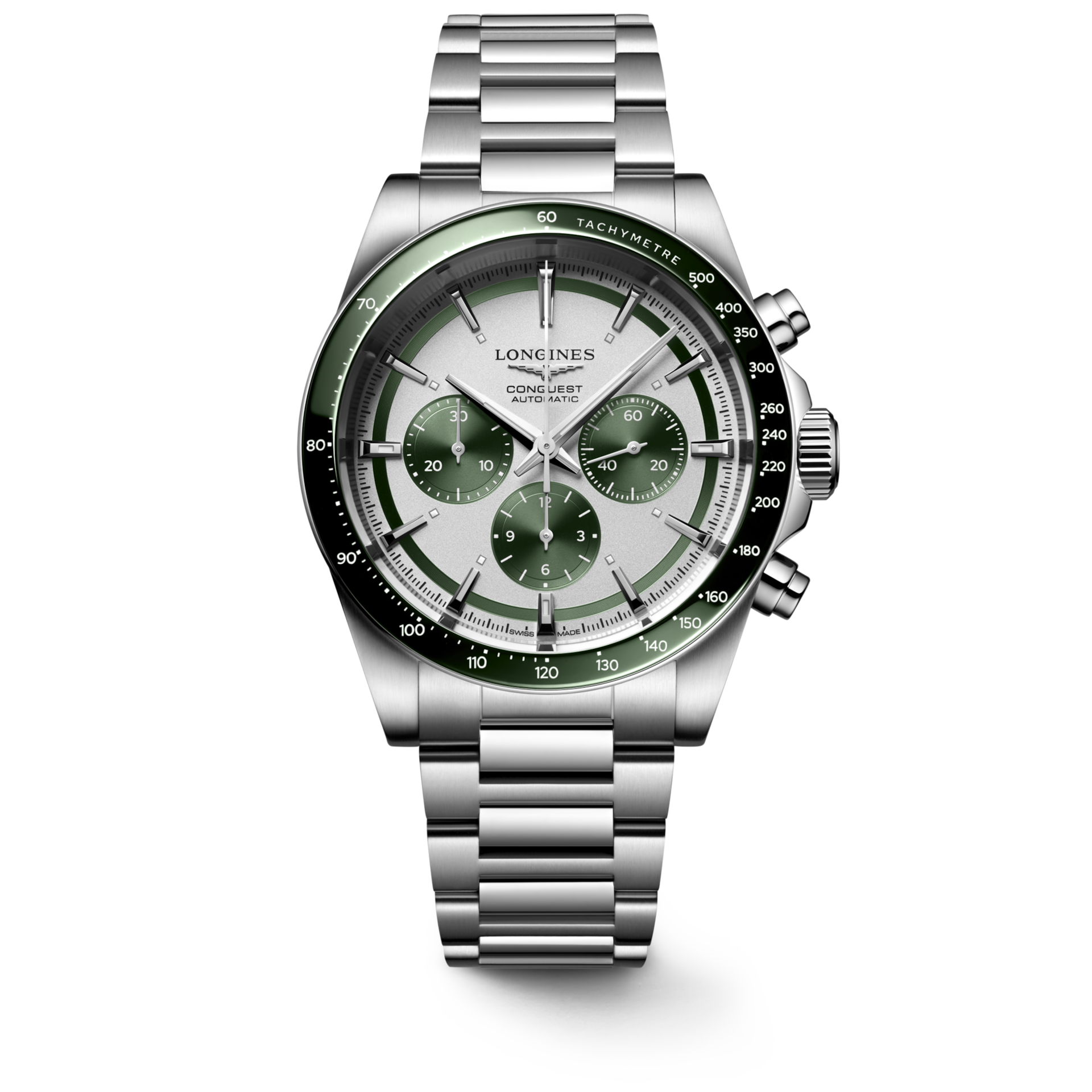 Longines Conquest Chronograph Silver Matt with Green Counters Dial Men 42mm L38354026