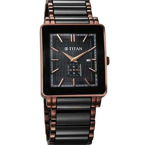 Titan Regalia Shaped Ceramic Quartz Analog with Date Black Dial Steel & Ceramic Strap Watch For Men 33.8mm 90013KD06