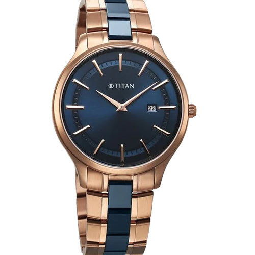 Titan Slim Ceramic Fusion Quartz Analog with Date Blue Dial Stainless Steel Strap Watch For Men 40mm 90142KD03