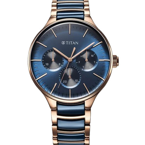 Titan Ceramic Fusion Quartz Multifunction Blue Dial With Two Toned Color Stainless Steel Strap Watch For Men 42mm 90148KD04