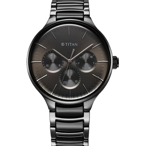 Titan Ceramic Fusion Multifunction Black Round Dial Two Toned Stainless Steel Strap Watch For Men 42mm 90148KD06