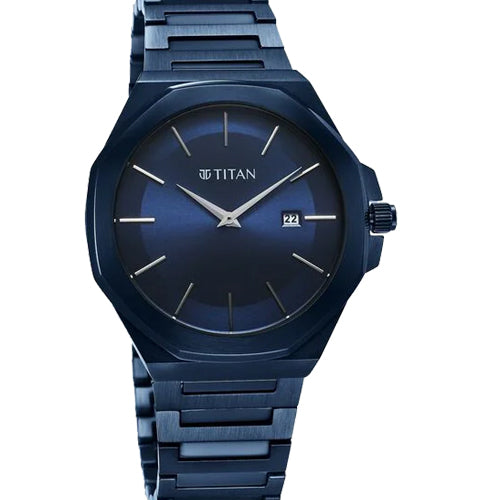 Titan Classic Slim Quartz Analog with Date Blue Dial Stainless Steel Strap Watch for Men 43.5MM 90167QM01
