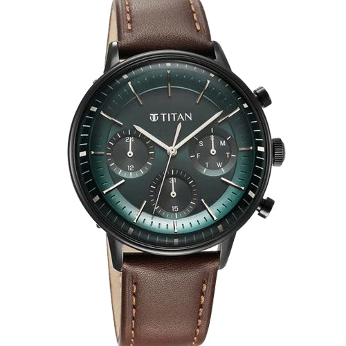Titan Light Leathers Quartz Multifunction Green Dial Leather Strap Watch for Men 42mm 90171NL01