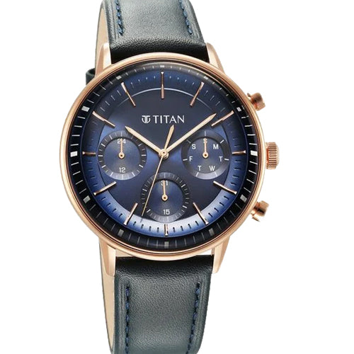 Titan Light Leathers Quartz Multifunction Blue Dial Leathers Strap Watch for Men 42mm 90171WL01