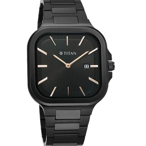 Titan Classique Slim Square Quartz Analog with Date Black Dial Stainless Steel Strap Watch for Men 41mm 90176NM01