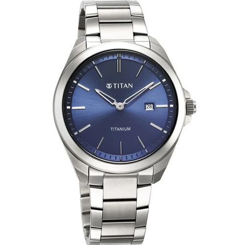 Titan Titanium Quartz Analog Blue Dial Titanium Strap Watch for Men 32mm 90177TM01