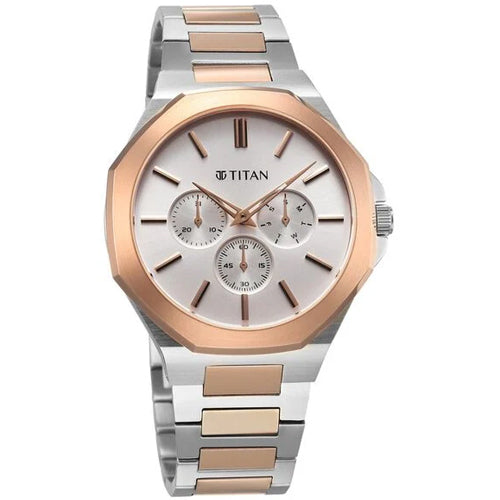 Titan Classic Slim Multifunction Multifunction Silver Dial Multicoloured Stainless Steel Strap Watch For Men 43.5mm 90198KM01
