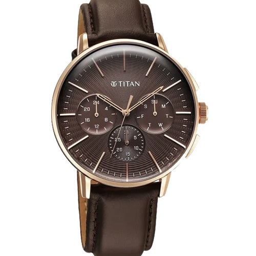 Titan Light leathers Multifunction Brown Dial Leather Strap Watch For Men 42mm 90200WL01