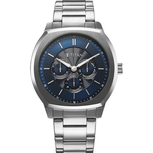 Titan Regalia Arc Analog with Day Date Second Subdial and Blue Dial Stainless Steel Strap Watch for Men 44mm 90213SM01