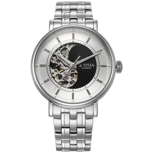 Titan Yin Yang Skeletal Automatic Analog with Black Dial Silver Stainless Steel Strap Watch for Men 42mm 90222SM01