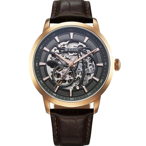 Titan Phoenix Skeletal Automatic Analog with Gun Dial Brown Leather Strap Watch for Men 43mm 90223WL01