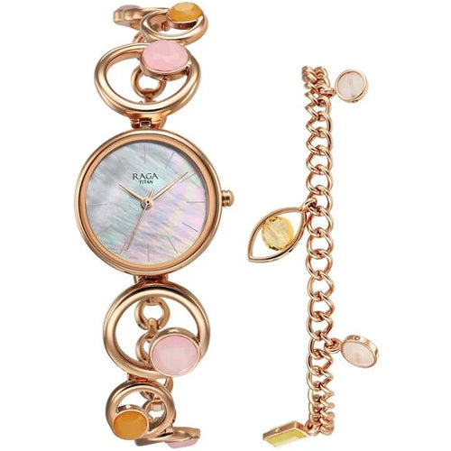 Titan Raga New You Quartz Analog Mother Of Pearl Citrine and Rose Quartz stones Strap for Women 26mm 95194WM01F