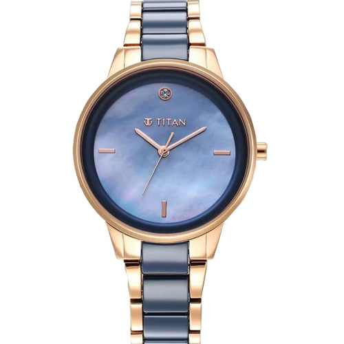 Titan Purple Ceramics Blue Dial Analog Steel and Ceramic Strap watch for Women 41mm 95213KD03