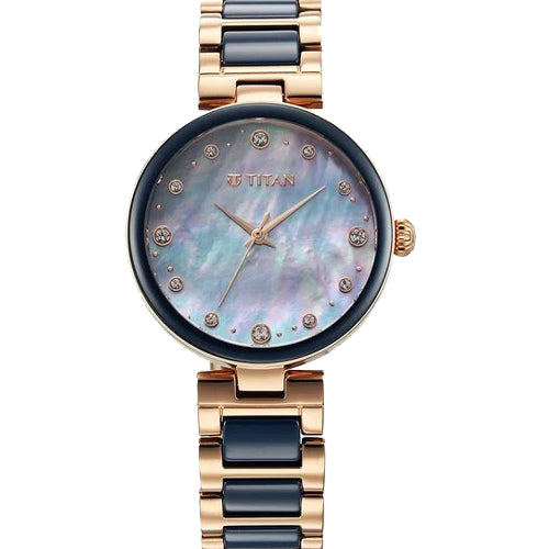 Titan Purple Ceramics Blue Dial Watch for Women 34mm 95214KD05