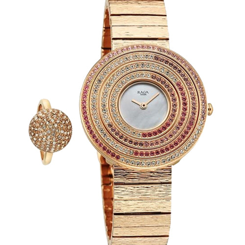 Titan Raga Glimmers Quartz Analog Mother of Pearl Dial Rose Gold Metal Strap Watch For Women 34.7mm 95344WM01F