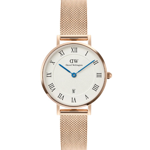 Daniel Wellington Petite Roman Numerals Date Rose Gold White Dial Women 28mm DW00100856