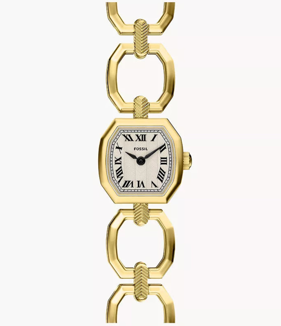 Gold watch with a white face on a white background