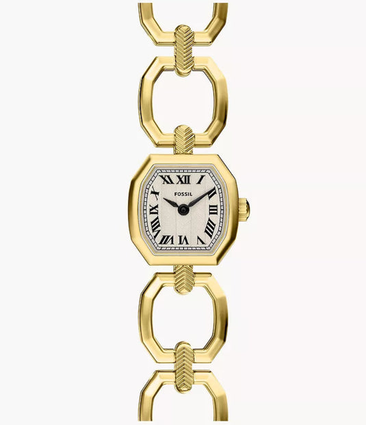 Gold watch with a white face on a white background