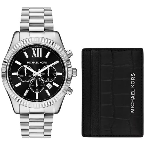 Michael Kors Oversized Lexington Crocodile-Embossed Leather Card Case Black Dial 44mm MK1091SET