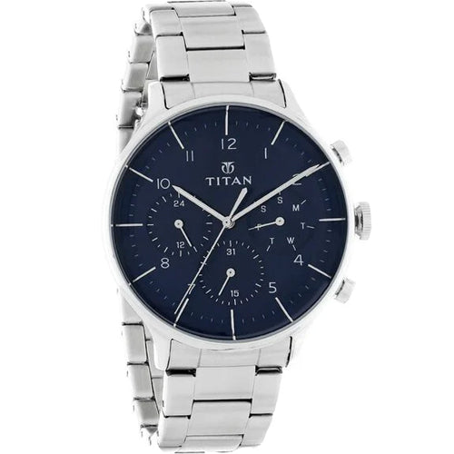 Titan Classique Quartz Multifunction Blue Dial Stainless Steel Strap Watch for Men 42mm NS90102SM01