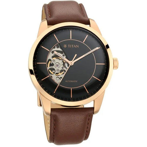 Titan Automatic Sectoral Black Dial Brown Leather Strap Watch for Men 43mm NS90126WL02