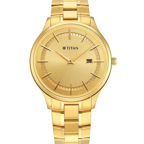 Titan Classique Slimline Champagne Dial Analog with Day and Date Stainless Steel Strap Watch for Men 40mm NS90142YM01