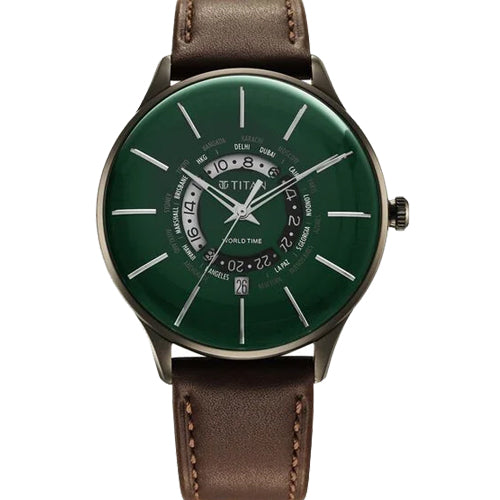 Titan Green Dial World Time with Date Leather Strap watch for Men 41mm NS90145QL01