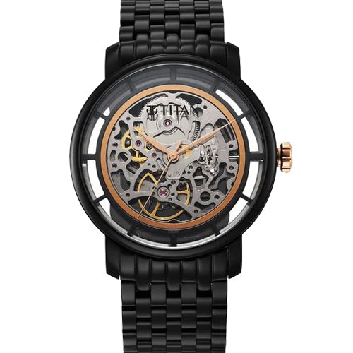 Titan Mechanical Slimline Black Dial Black Stainless Steel Strap watch for Men 42mm NS90158KM01