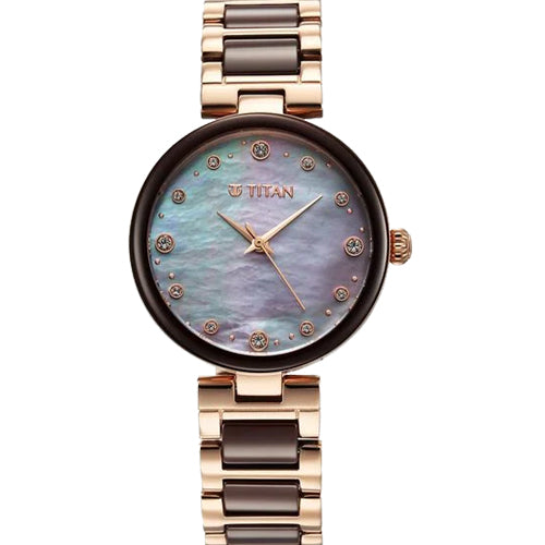 Titan Purple Ceramics Mother of Pearl Dial Analog Steel and Ceramic Strap Watch for Women 34mm NS95214KD03