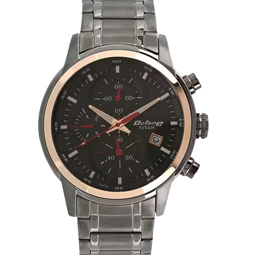 Titan Octane Quartz Chronograph Black Dial Stainless Steel Strap Watch for Men 46mm NT90086KM03