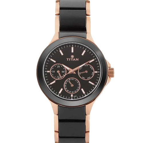 Titan Quartz Multifunction Black Dial Stainless Steel & Ceramic Strap Watch for Men 42.6mm NT90089KD02