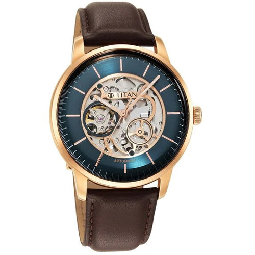 Titan Skeletal Automatic Green Dial Brown Leather Strap Watch for Men 44mm NT90110WL04