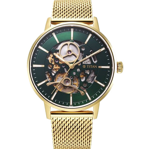 Titan Mechanical Slimline Green Dial Golden Mesh Strap watch for Men 42mm NT90159YM01