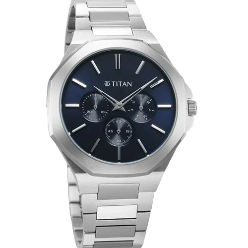 Titan Classic Slim Multifunction Quartz Multifunction Blue Dial Stainless Steel Strap Watch For Men 43.5mm NT90198SM01