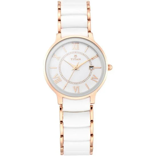 Titan Quartz Analog with Date Mother of Pearl Dial Stainless Steel & Ceramic Strap Watch for Women 31mm NT95016WD02