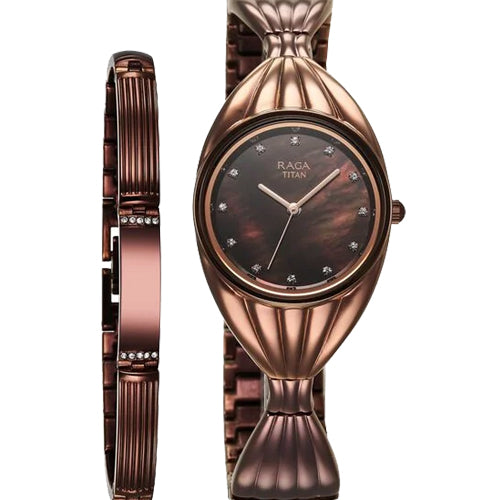 Titan Raga Memoirs Quartz Analog Mother Of Pearl Dial With Brown Metal Strap Watch For Women 27.5mm NT95254QM01F