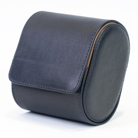 Navy Blue Leather Watch Roll - Compact Single Slot Protective Storage