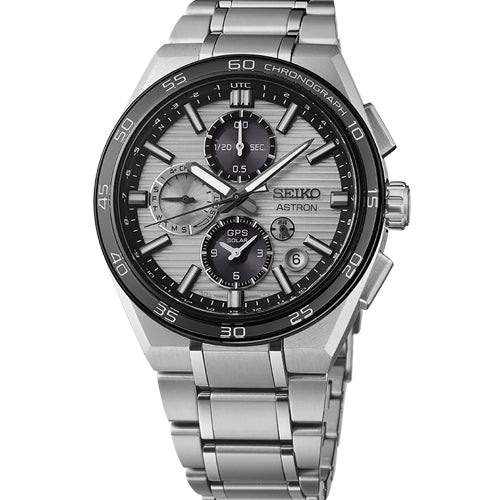 Seiko Astron GPS Solar Dual Time Chronograph in Silvery Grey Silver Dial Men 44.1mm SSH177J1