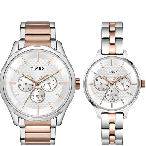 Timex Fashion Collection Premium Quality Multifunction Pair's Analog Silver Dial Coloured Quartz Watch, Round Dial with 44mm TW00PR291