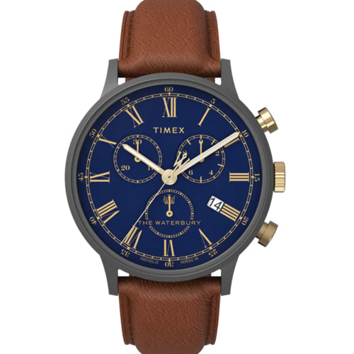 Timex Waterbury Men Classic Chronograph Blue Dial Leather Strap Watch 40mm TW2U88200UJ