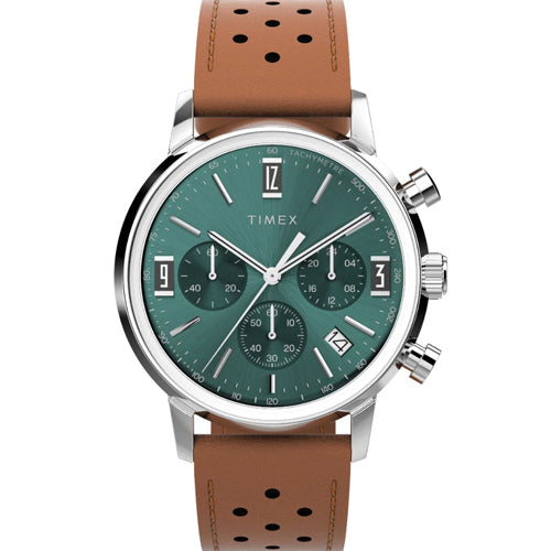 Timex Marlin Men Chronograph Tachymeter Green Dial Leather Strap Watch 40mm TW2W10100UJ