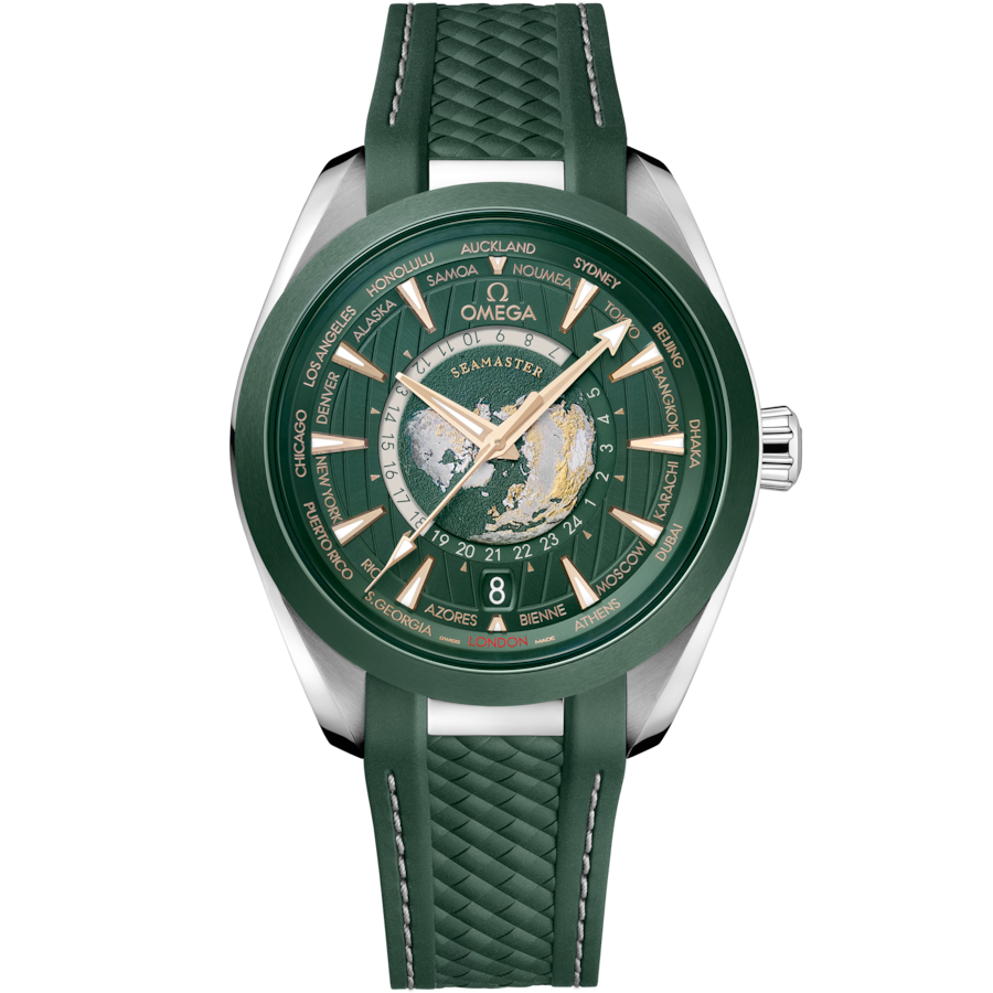 Omega Seamaster Aqua Terra 150M Co‑Axial Master Gmt Worldtimer Green Dial Men 43MM