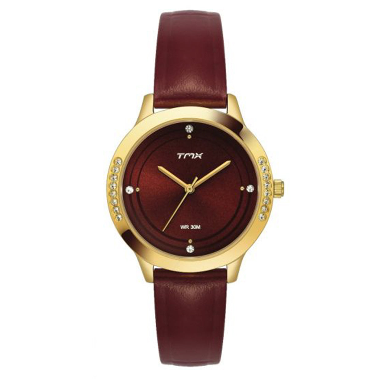 Crystal Studded Maroon Dial Leather Strap