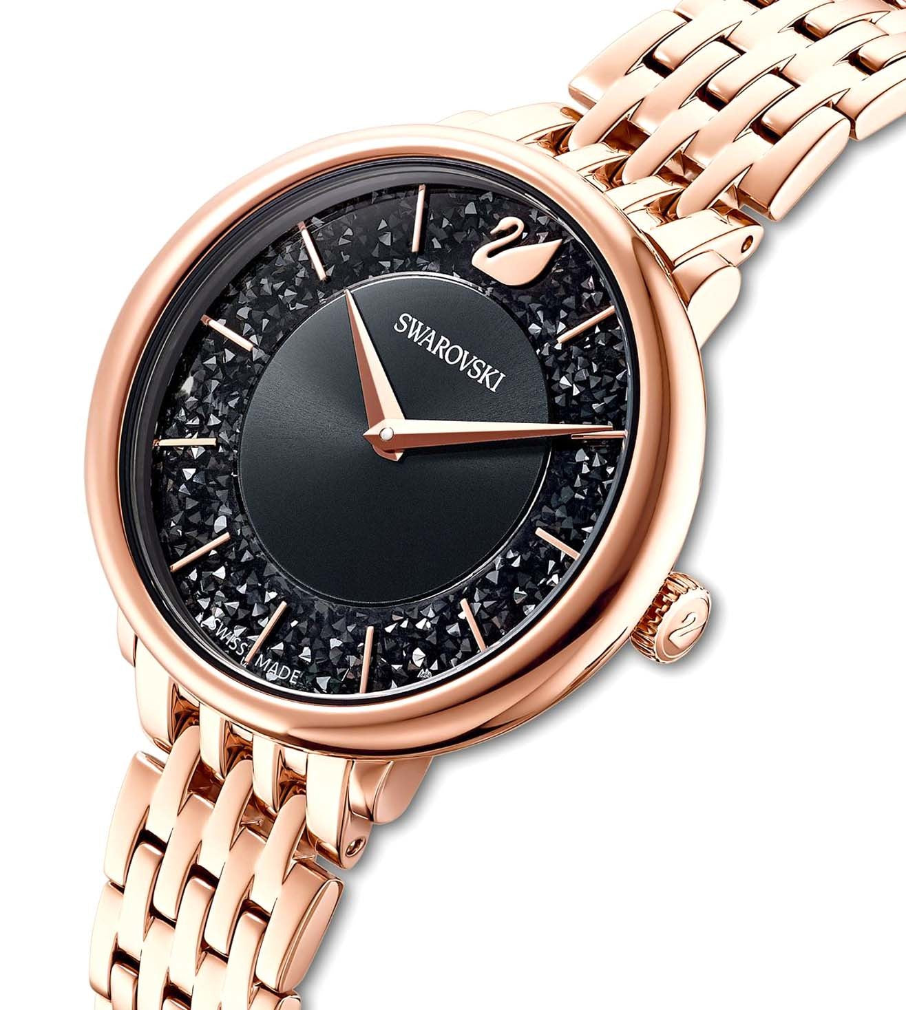 SWAROVSKI ゴールド ブラック 時計 Black and Gold Swarovski Crystal Watch black strap - Bobby