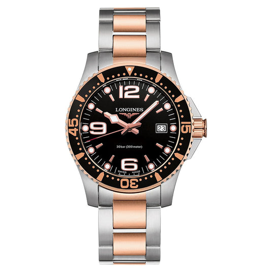 Hydro Conquest 41 Mm Black Dial Rose Gold Strap